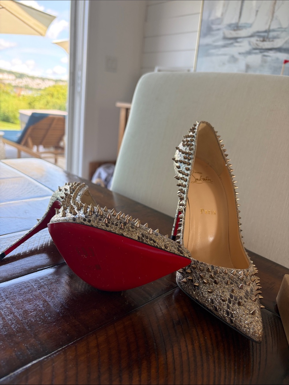 Christian Louboutin Gold Glitter Spike Stiletto with Red Sole